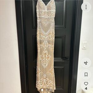 Jovani Cream and White Lace-Up Dress